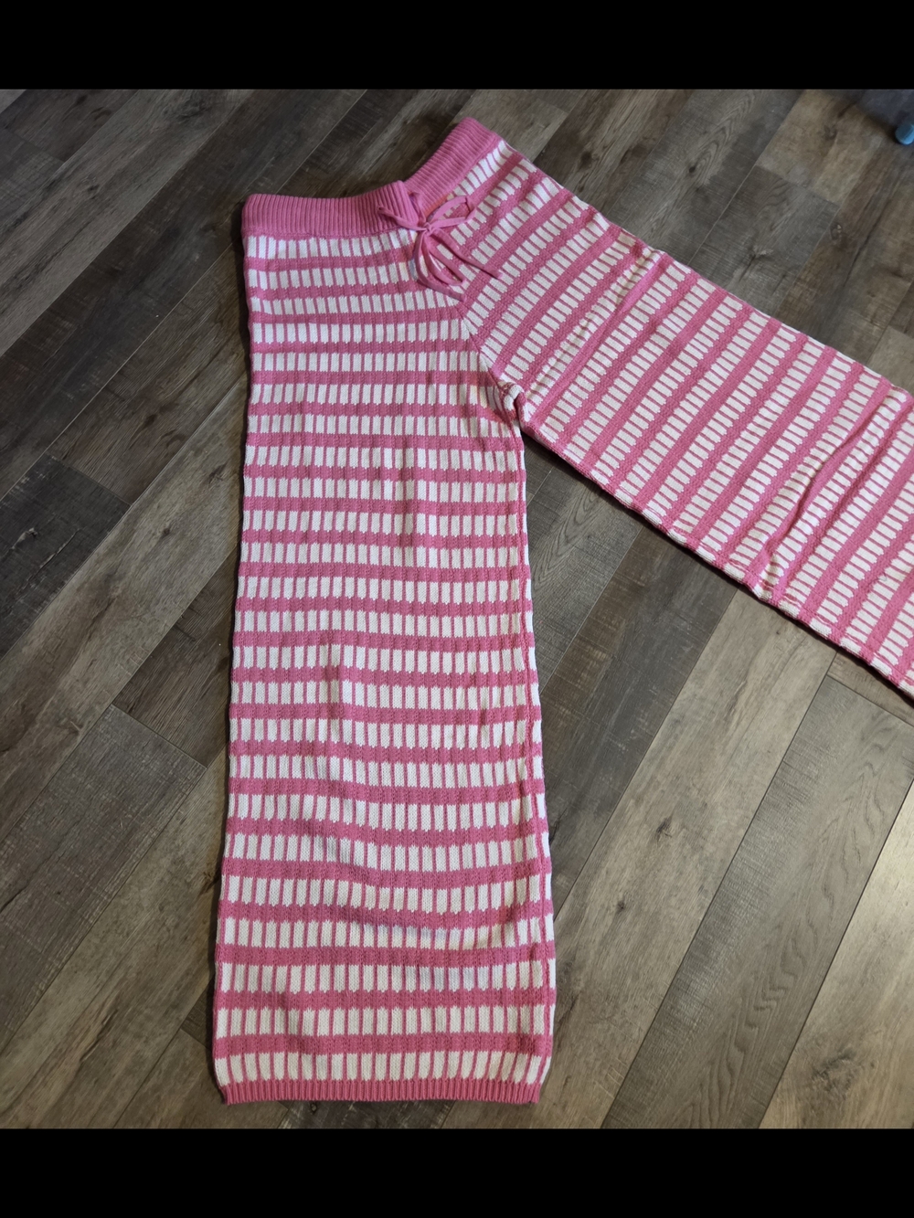Pink & White Wide Leg Knit Pants with Drawstring Waist